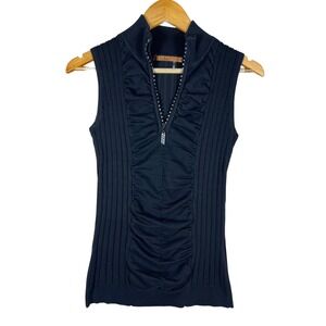 Y2K Belldini Mock Neck Sleeveless Knit Top Black Rhinestone Zip Front Retro GLAM